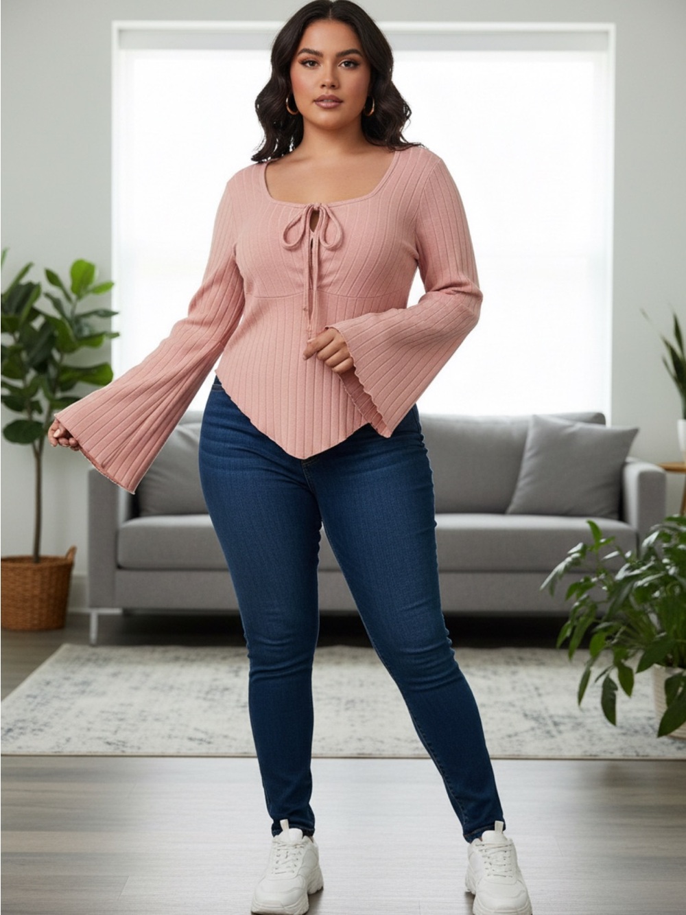 SHEIN Pink Ribbed Tie-Front Top with Dark Blue Skinny Jeans